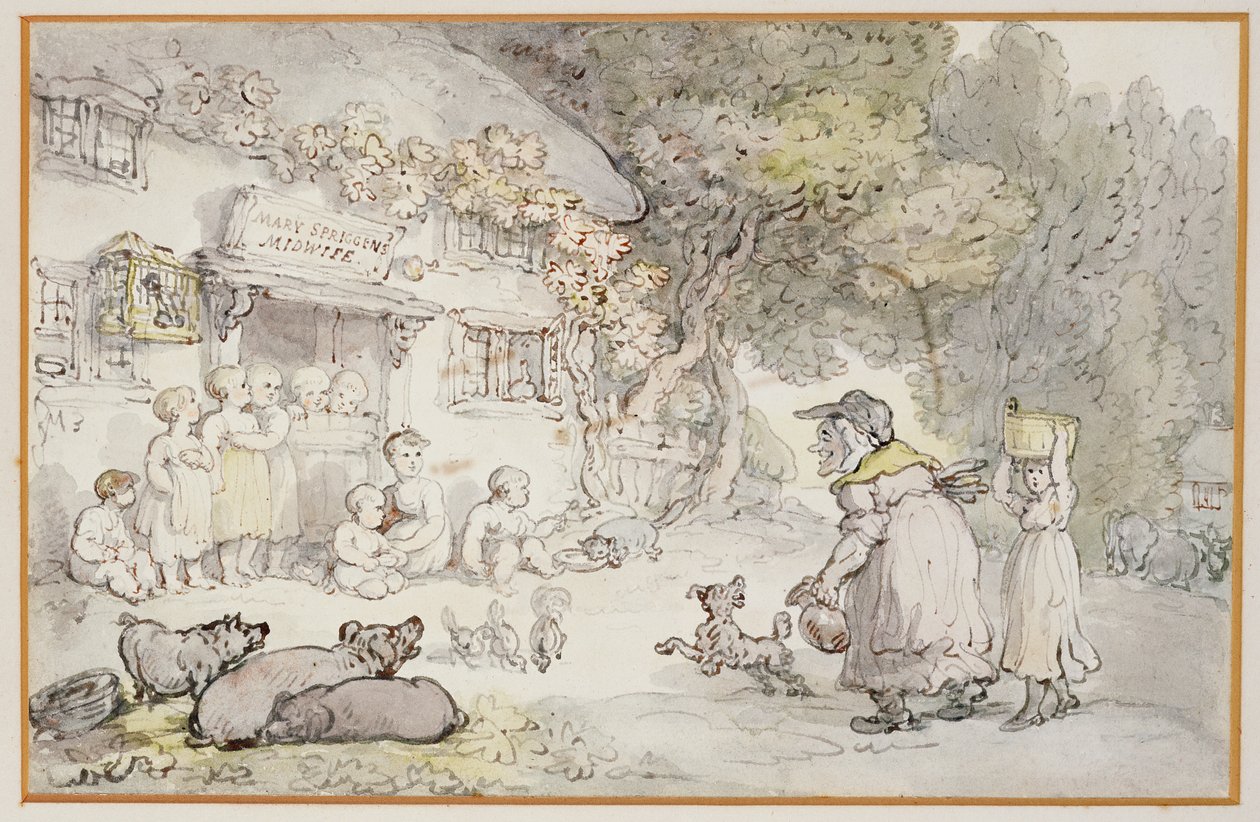 Mary Spriggens, kätilö (wc, kynä ja muste) tekijältä Thomas Rowlandson