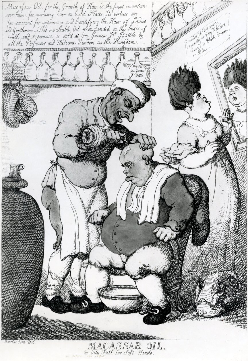 Massacar Oil, öljyinen puffi pehmeille päille, 1814 tekijältä Thomas Rowlandson