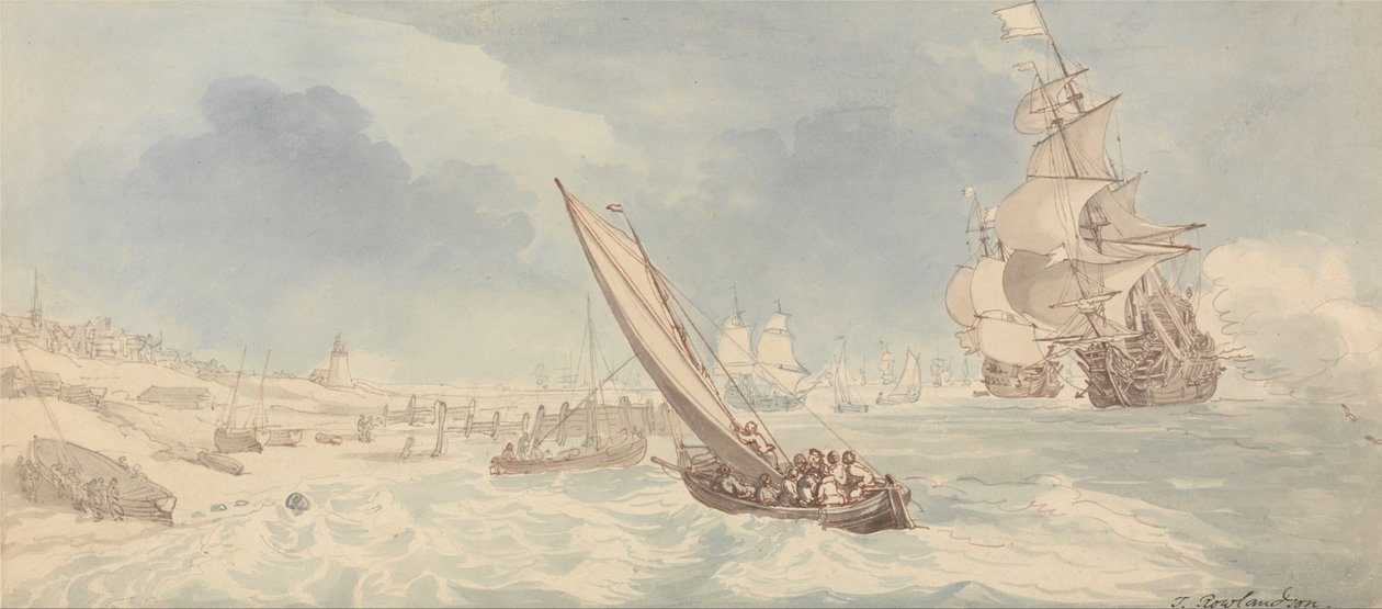 Sotamiehiä ja purjeveneitä lähellä rantaa tekijältä Thomas Rowlandson