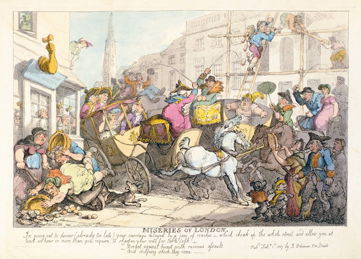 Lontoon kurjuutta: Rinnat rintaa vasten tuhoisalla hyökkäyksellä ja tappavalla shokilla, he tulevat, pubi. kirjoittanut Ackermann, 1807 tekijältä Thomas Rowlandson