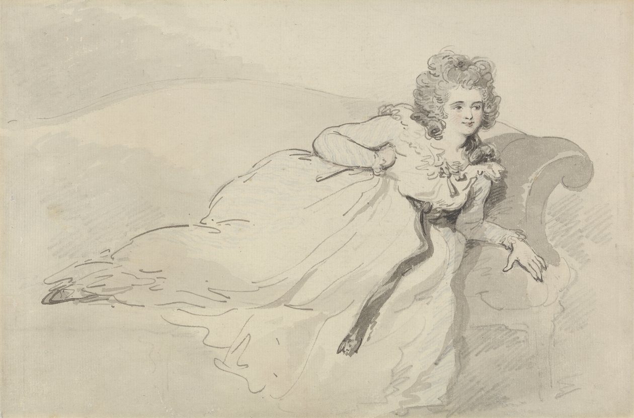 Rouva Abington makaamassa sohvalla (kynä, grafiitti ja wc paperilla) tekijältä Thomas Rowlandson