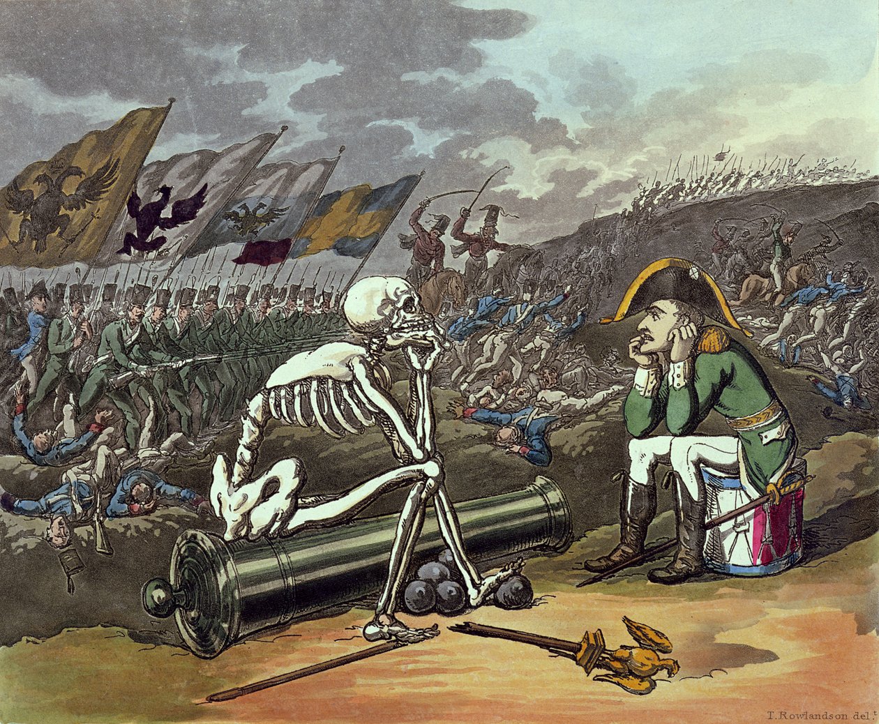 Napoleon ja luuranko, 18. (värillinen litografia) tekijältä Thomas Rowlandson