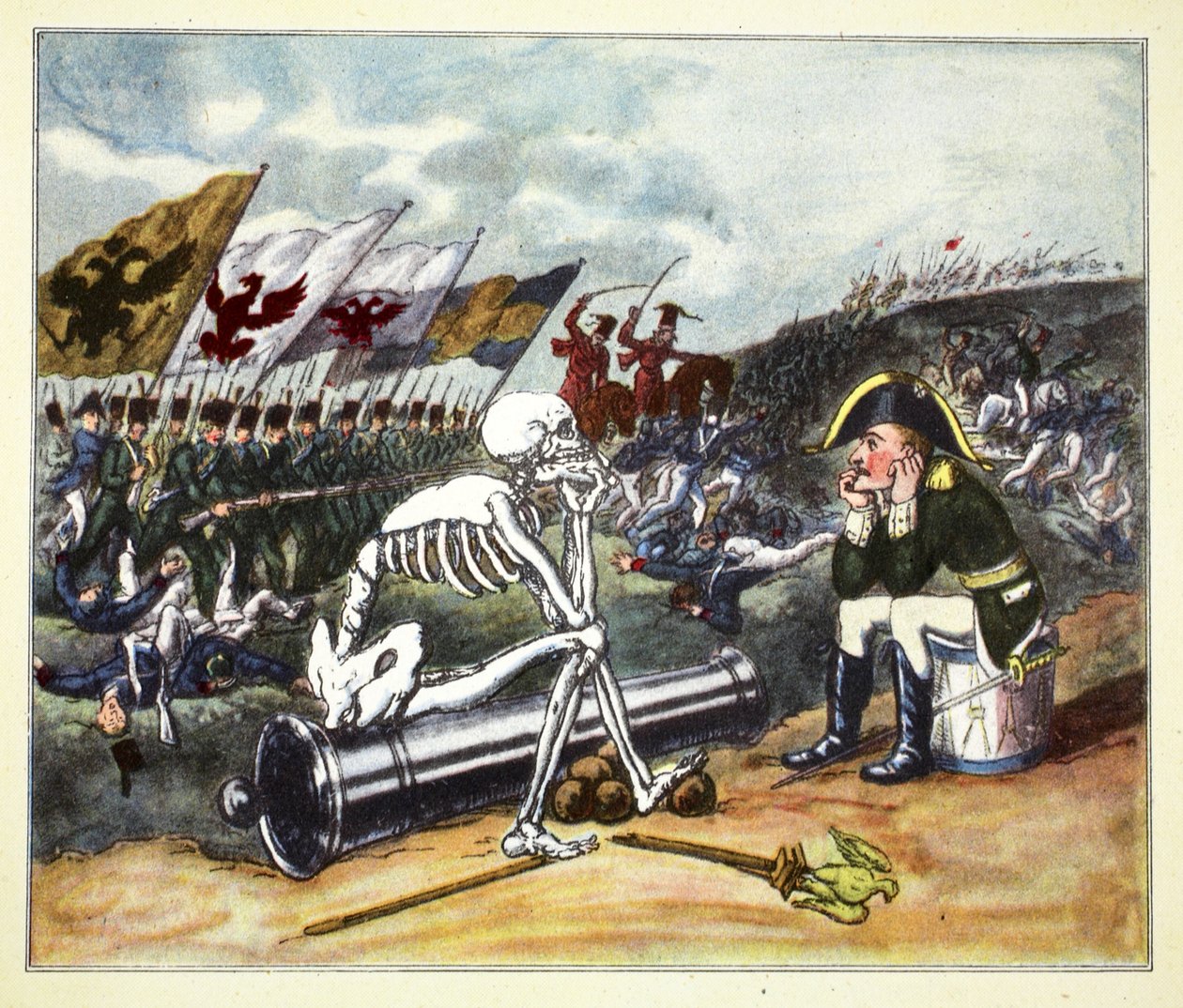 Napoleon Leipzigin taistelukentällä 1813 (käsin väritetty kaiverrus). tekijältä Thomas Rowlandson