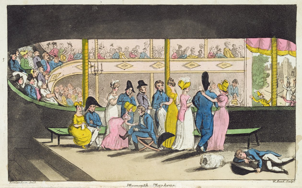 Plymouth Playhouse, lautanen John Mitfordin (1782-1831) "The Adventures of Johnny Newcome in the Navy" -levystä, kaivertanut W. Read, 1818 tekijältä Thomas Rowlandson
