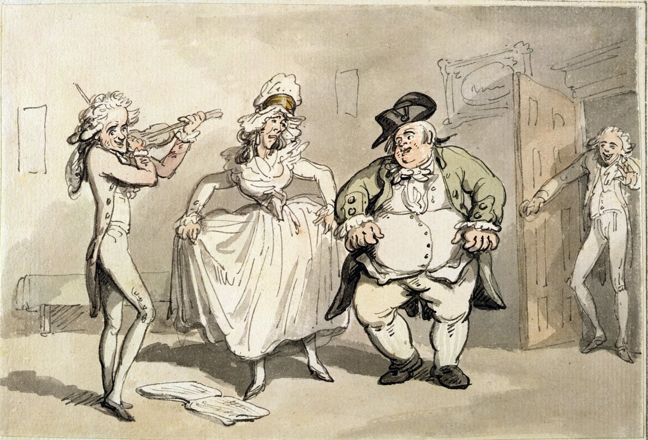 Yksityinen harjoitus ennen palloa, kohdasta "Scenes at Bath" (wc ja kynä ja muste paperille) tekijältä Thomas Rowlandson