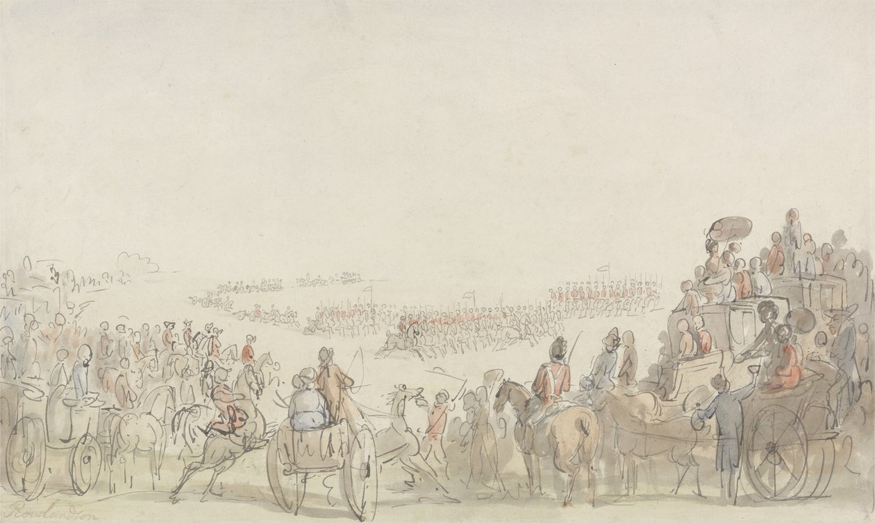 Katsaus Light Horse Volunteersista Wimbledon Commonissa, 1798 (kynä ja muste wc:llä grafiitin päällä paperilla) tekijältä Thomas Rowlandson