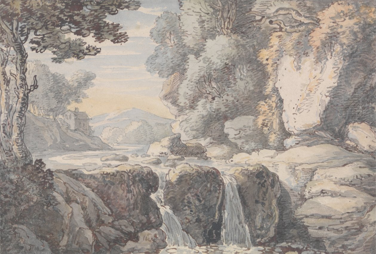 Joen maisema ja vesiputous tekijältä Thomas Rowlandson