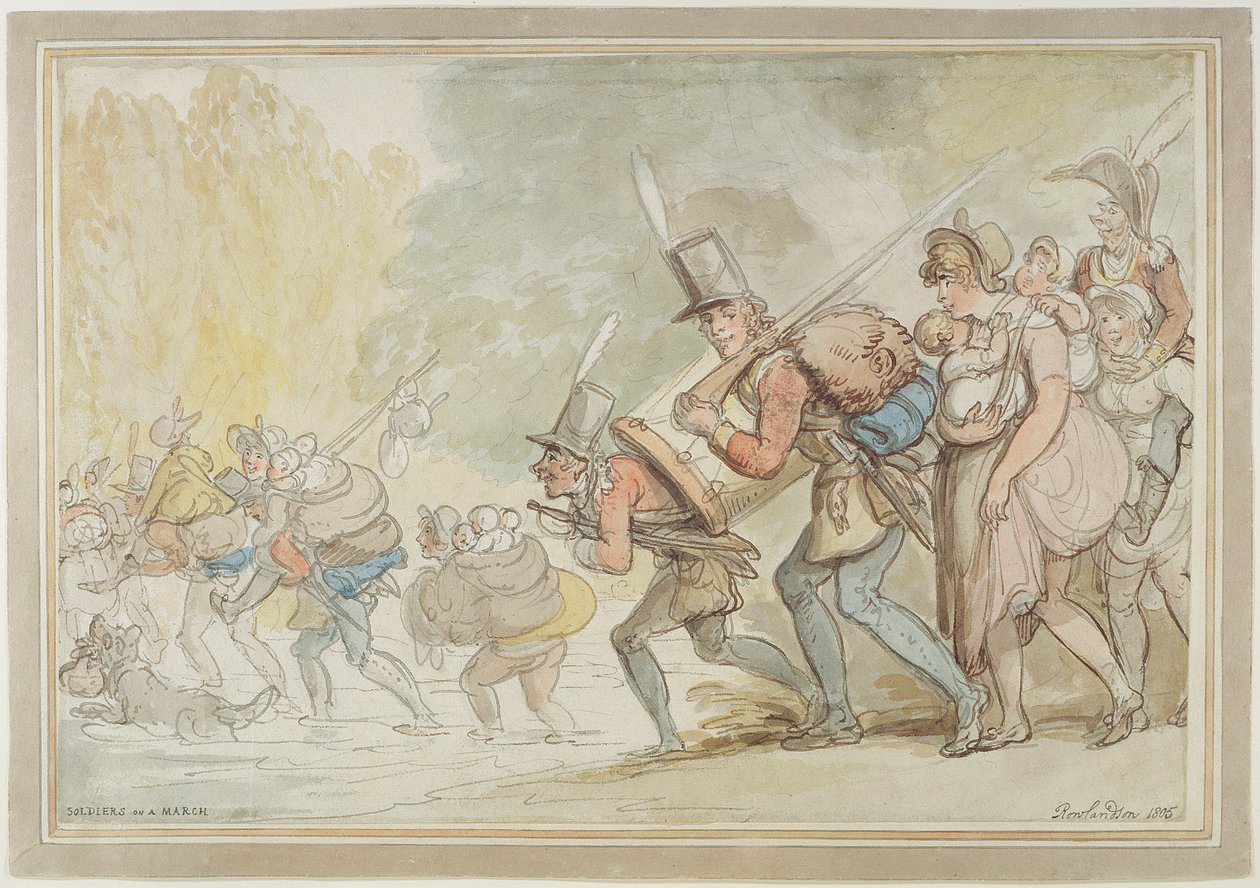 Sotilaat maaliskuussa 1805 (kynä ja muste ja akvarelli paperille) tekijältä Thomas Rowlandson