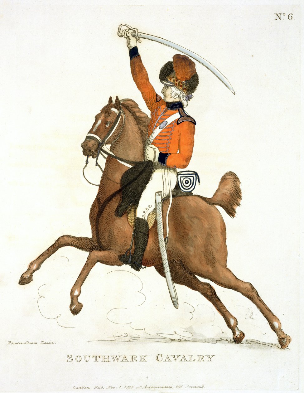 Southwark Cavalry Volunteer, levy 6 julkaisusta "Loyal Volunteers of London and Environs", julkaistu 1798 tekijältä Thomas Rowlandson
