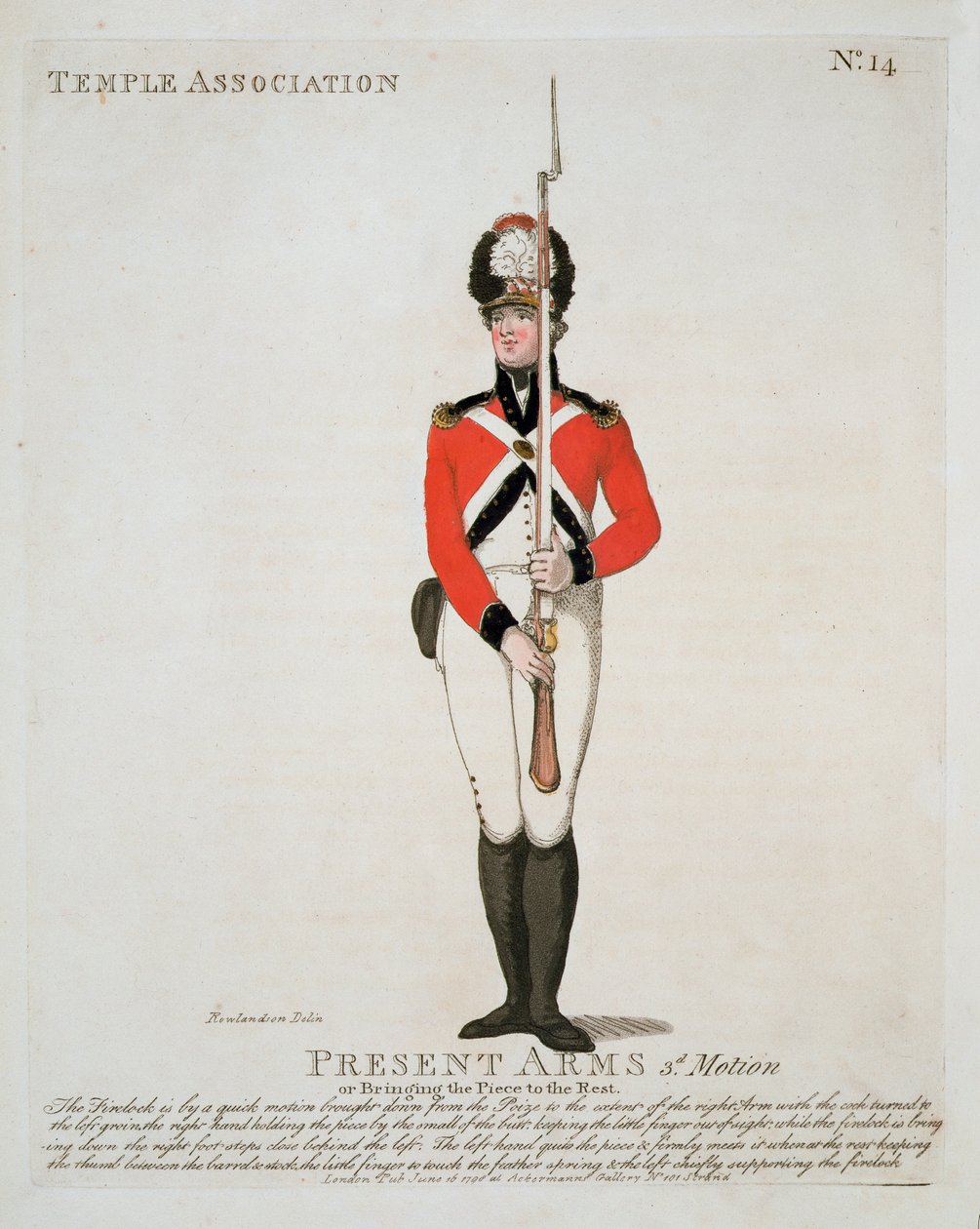 Temple Association Volunteer, levy 14 julkaisusta "Loyal Volunteers of London and Environs", julkaistu 1798 tekijältä Thomas Rowlandson