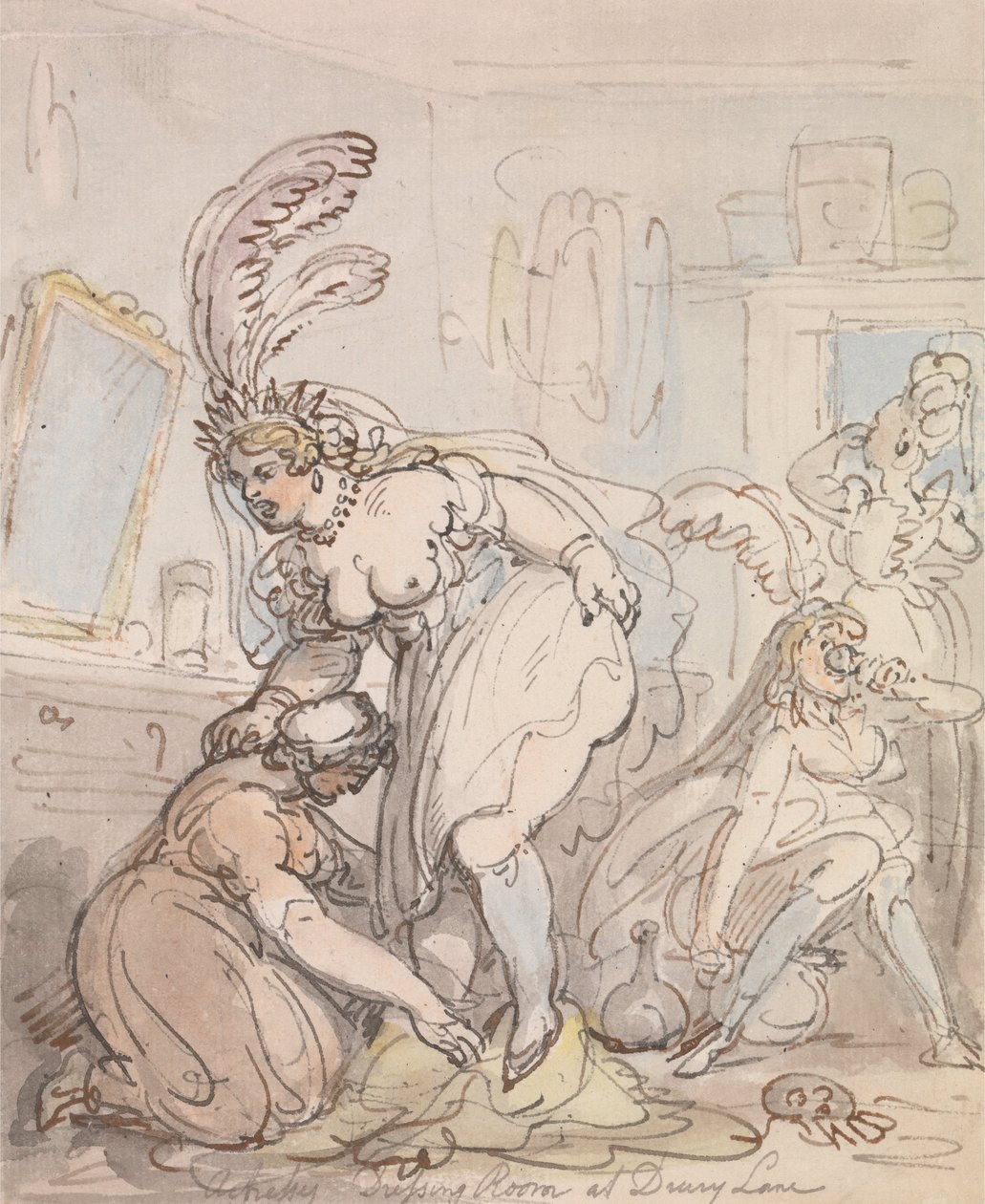Näyttelijöiden pukuhuone Drury Lanessa tekijältä Thomas Rowlandson