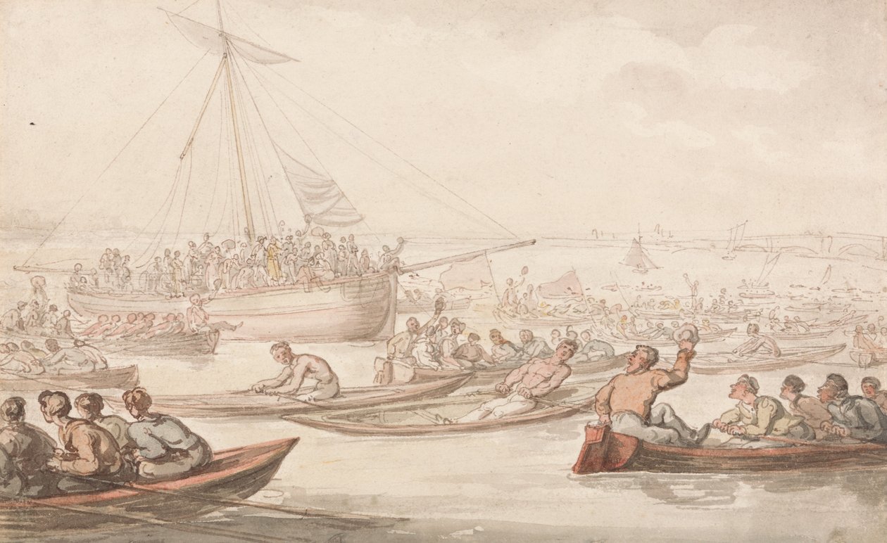 Vuosittainen sculling -kilpailu Doggetts -takin ja -merkin puolesta tekijältä Thomas Rowlandson