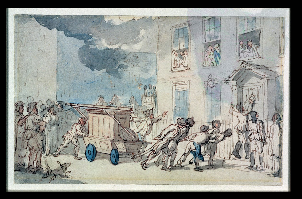 Paloauton saapuminen (wc, kynä ja muste, kynä ja pastelli paperille) tekijältä Thomas Rowlandson