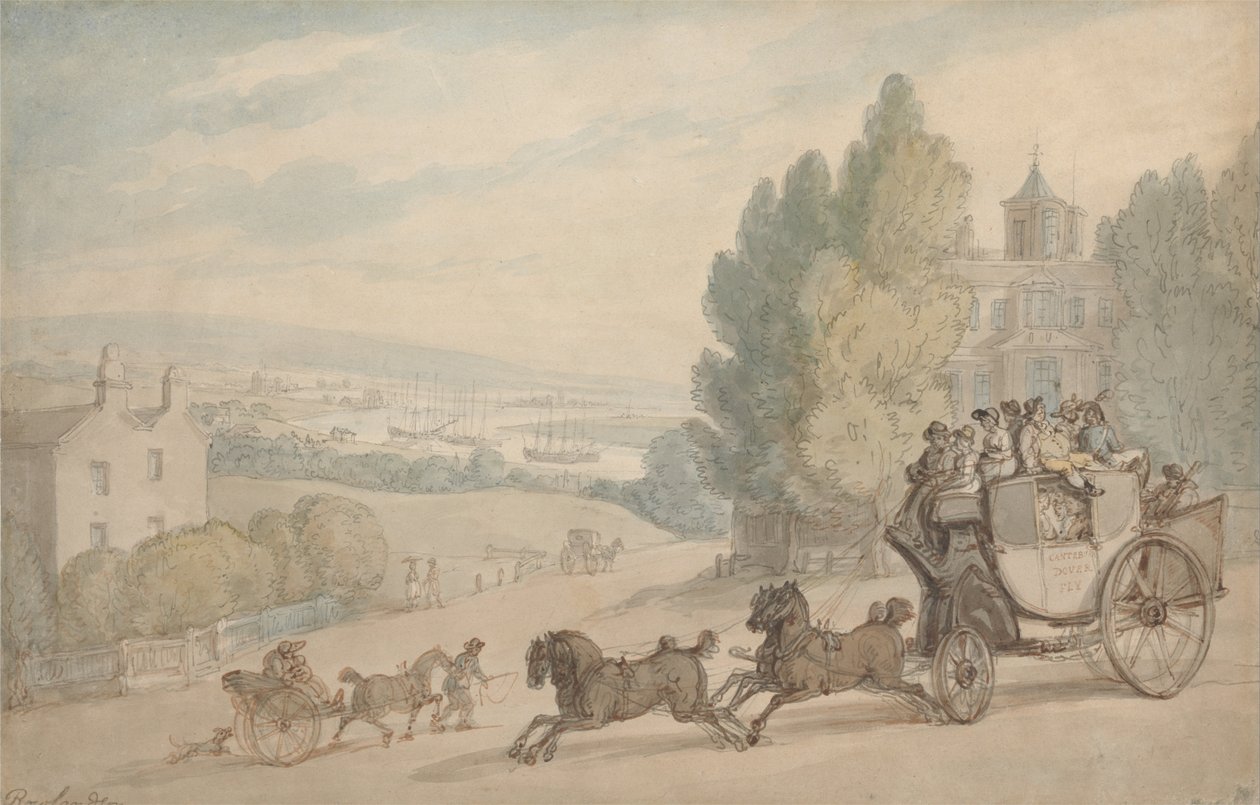 Canterbury-Doverin linja-auto ohittaa Vanbrughin linnan. tekijältä Thomas Rowlandson