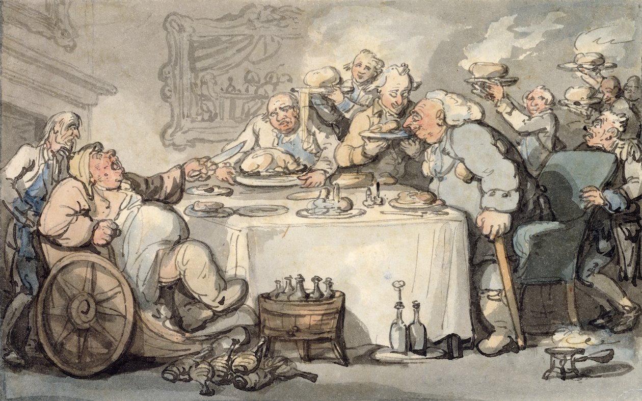 Kylpyn mukavuudet: Gouty Gourmand illallisella (wc paperilla) tekijältä Thomas Rowlandson