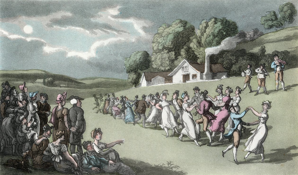 The Dance, kuvitus Oliver Goldsmithin teoksesta "The Vicar of Wakefield", pubi. Ackermann, 1817 (käsinvärinen akvatinta) tekijältä Thomas Rowlandson