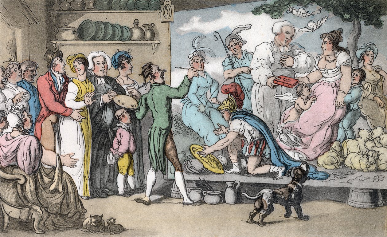 Perhekuva, kuvitus Oliver Goldsmithin teoksesta "The Vicar of Wakefield", pubi. Ackermann, 1817 (käsinvärinen akvatinta) tekijältä Thomas Rowlandson
