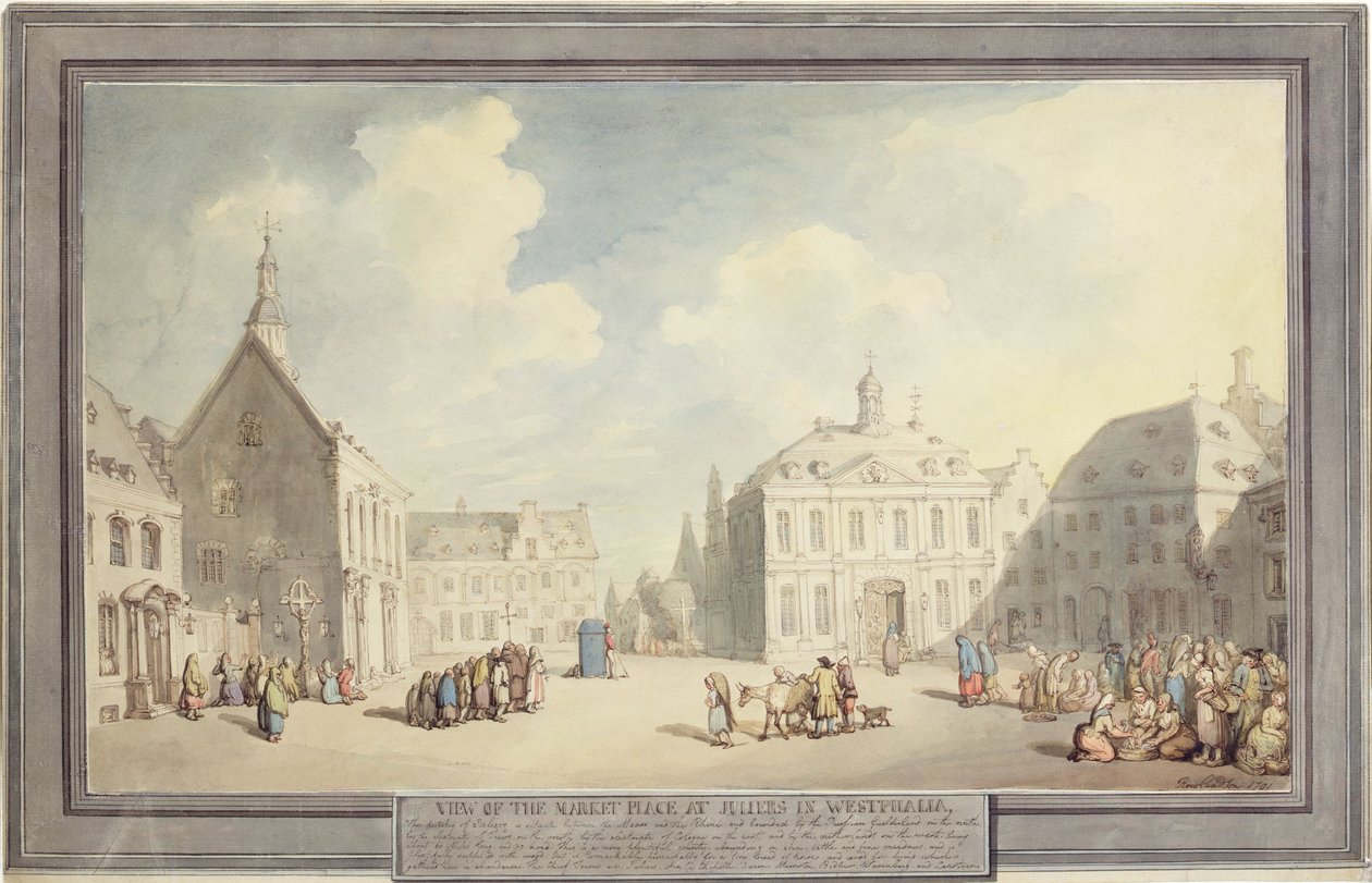 Market Place Juliersissa Westfalenissa, 1791 (kynä ja muste ja akvarelli grafiitin päällä paperille) tekijältä Thomas Rowlandson