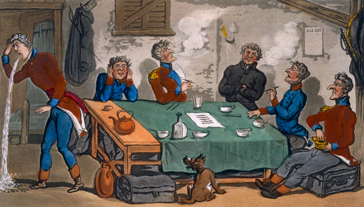 Johnny Newcomben sotilaseikkailut, kertomus hänen kampanjastaan niemimaalla ja Pall Mallissa, 1816 (käsinvärinen etsaus ja akvatinta) tekijältä Thomas Rowlandson
