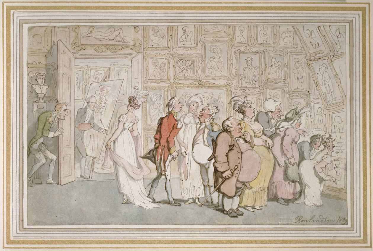 Muotokuvamaalarin etuhuone, 1809 (kynä ja ruskea muste ja akvarelli grafiitilla) tekijältä Thomas Rowlandson