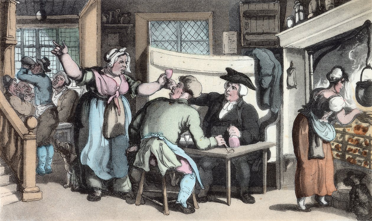 The Scold, uutisia Oliviasta, kuvitus Oliver Goldsmithin teoksesta "The Vicar of Wakefield", pubi. Ackermann, 1817 (käsinvärinen akvatinta) tekijältä Thomas Rowlandson