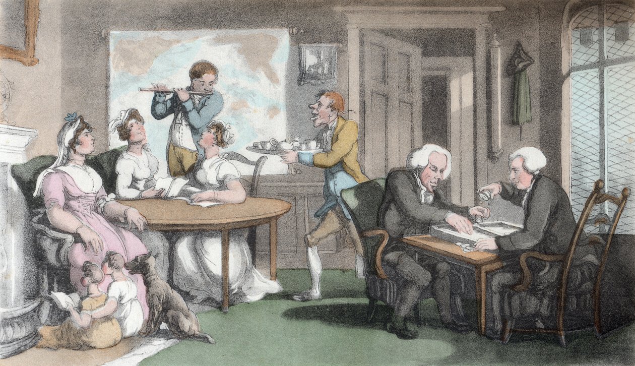 The Social Evening, kuvitus Oliver Goldsmithin teoksesta "The Vicar of Wakefield", pubi. Ackermann, 1817 (käsinvärinen akvatinta) tekijältä Thomas Rowlandson