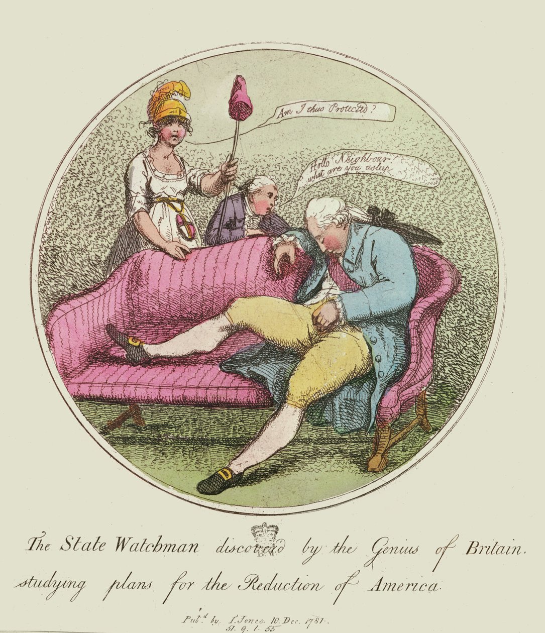 Britannian nero löysi State Watchmanin, joka tutkii Amerikan vähentämissuunnitelmia, 1781 (värietsaus) tekijältä Thomas Rowlandson