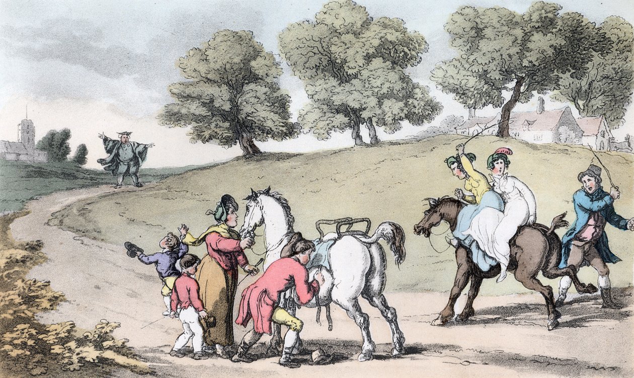 Vicarin perhe matkalla kirkkoon, kuva Oliver Goldsmithin teoksesta "The Vicar of Wakefield", pubi. Ackermann, 1817 (käsinvärinen akvatinta) tekijältä Thomas Rowlandson
