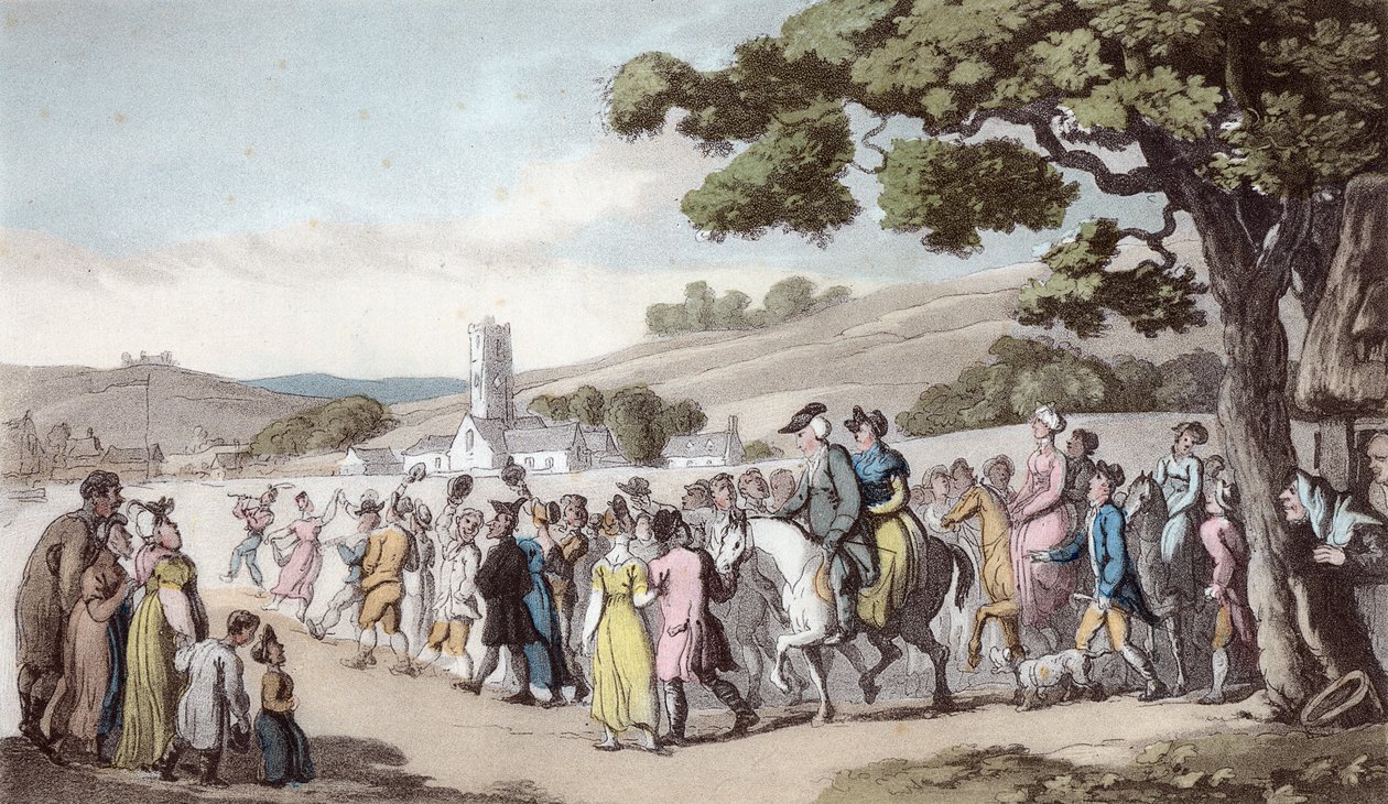 Tervetuloa, kuvitus Oliver Goldsmithin teoksesta "The Vicar of Wakefield", pubi. Ackermann, 1817 (käsinvärinen akvatinta) tekijältä Thomas Rowlandson