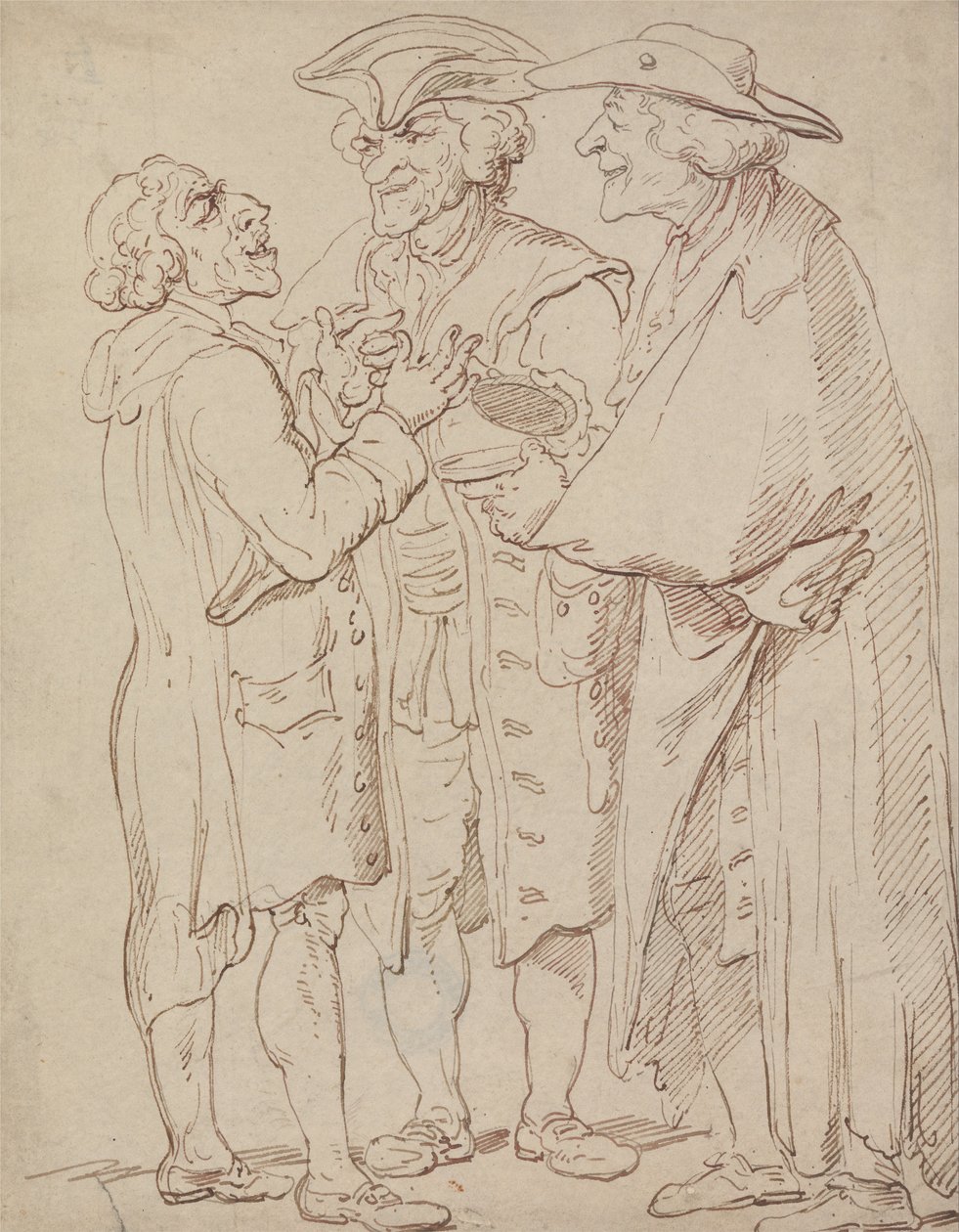 Kolme täyspitkää hahmoa miehistä puhumassa tekijältä Thomas Rowlandson