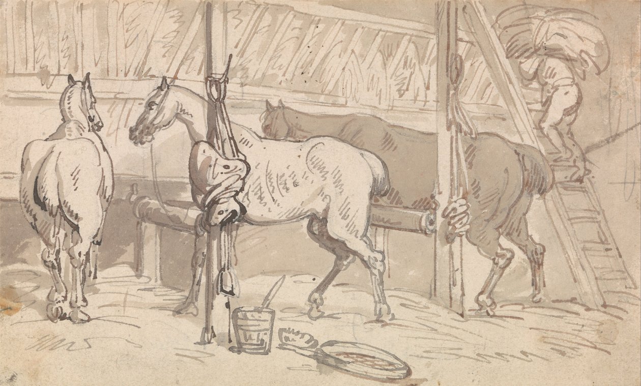 Kolme hevosta kioskeissa tekijältä Thomas Rowlandson