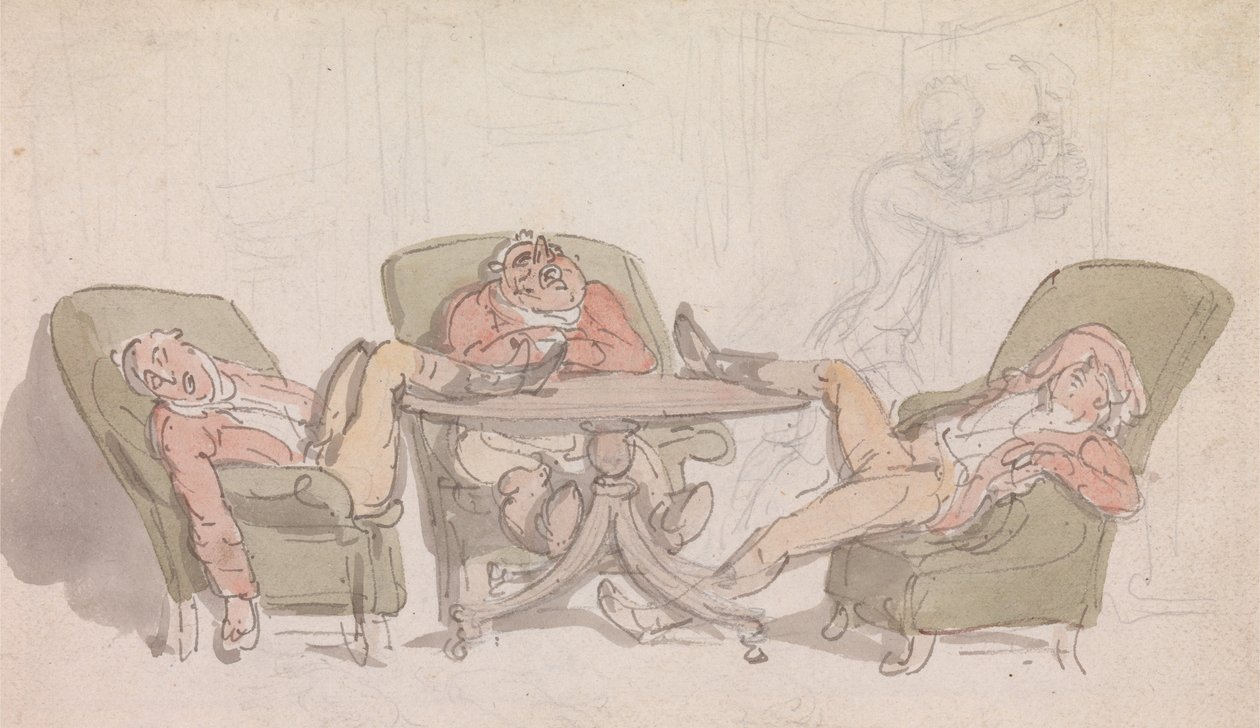 Kolme urheilijaa nukkuu tuolinsa pöydän ääressä tekijältä Thomas Rowlandson