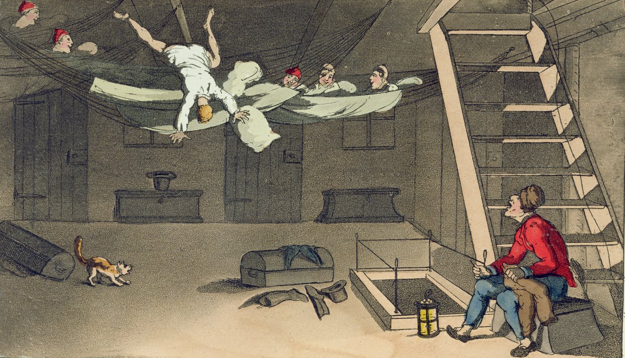 Käänny sisään ja ulos, levy John Mitfordin (1782-1831) teoksesta The Adventures of Johnny Newcome in the Navy, kaivertanut W. Read, 1818 tekijältä Thomas Rowlandson