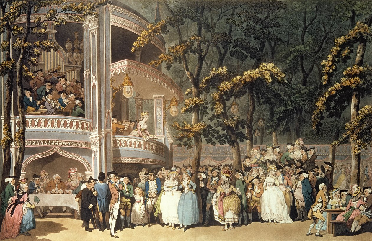 Vauxhall Gardens Ackermannin "Microcosm of London", 1809 (kynä ja muste vesivärillä) tekijältä Thomas Rowlandson