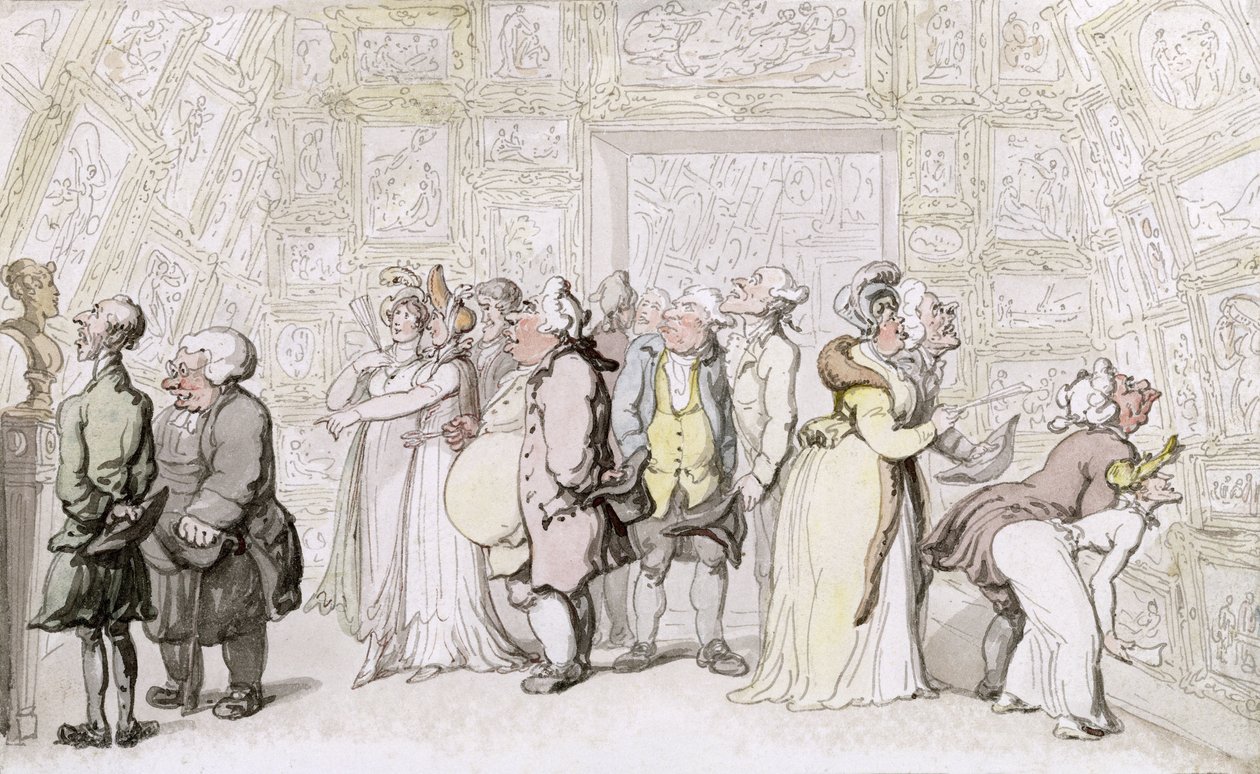 Katselu Royal Academyssa, n. 1815 (kynä, muste ja wc paperilla) tekijältä Thomas Rowlandson
