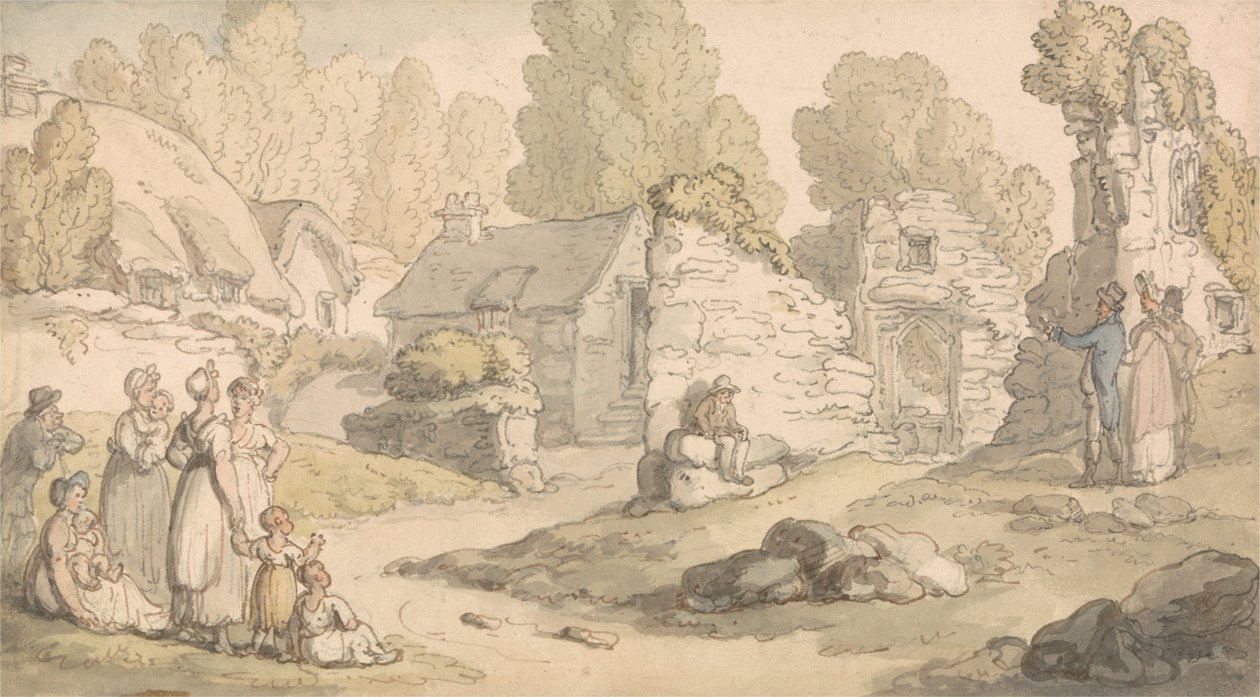 Vierailijat tutkivat luostarin raunioita tekijältä Thomas Rowlandson