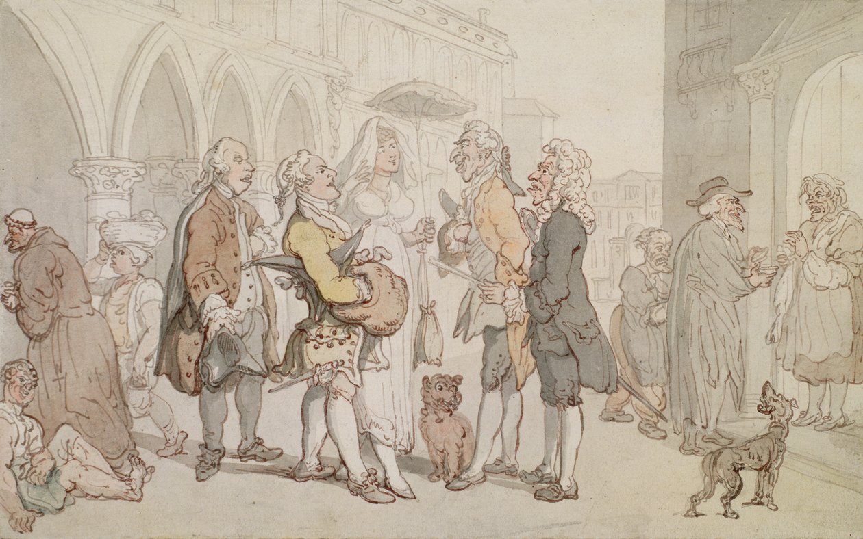 Vierailijat Venetsiassa, n. 1810 (kynä, ruskea muste ja wc paperilla) tekijältä Thomas Rowlandson