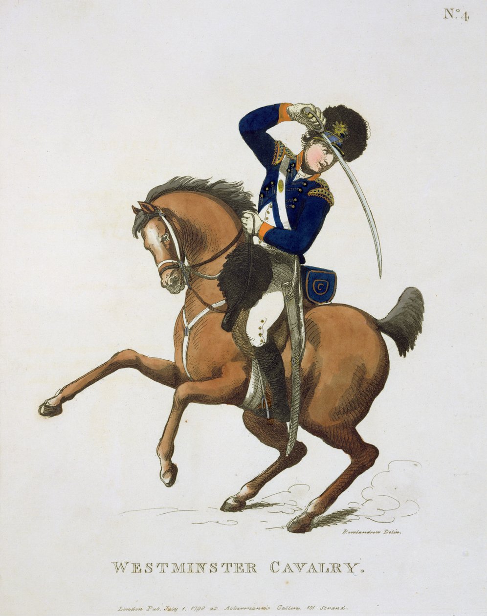 Westminster Cavalry Volunteer, levy 4 julkaisusta "Loyal Volunteers of London and Environs", julkaistu 1798 tekijältä Thomas Rowlandson
