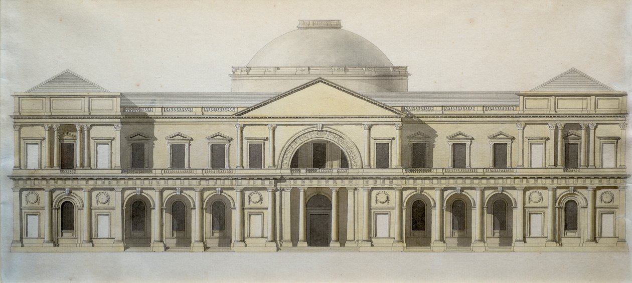 Kilpailusuunnittelu Royal Exchange -rakennukseen Dublinissa, n. 1769 (kynä ja muste värillisellä pesulla paperille) tekijältä Thomas Sandby