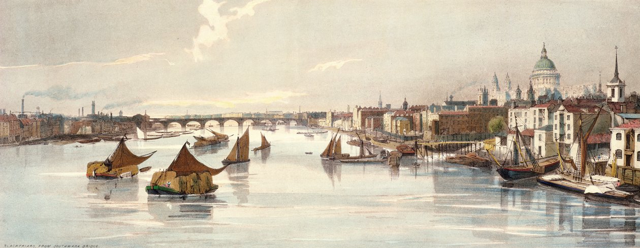 Blackfriars, Southwark Bridgestä, "London As It Is", kaiverrettu ja pubi. taiteilija, 1842 tekijältä Thomas Shotter Boys