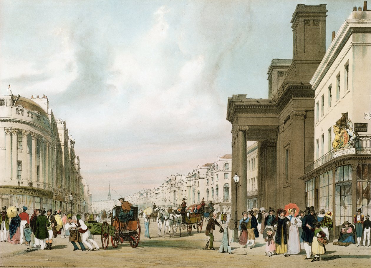 Regent Street Looking Towards the Quadrant, "London sellaisena kuin se on", kaiverrettu ja pubi. taiteilija, 1842 tekijältä Thomas Shotter Boys