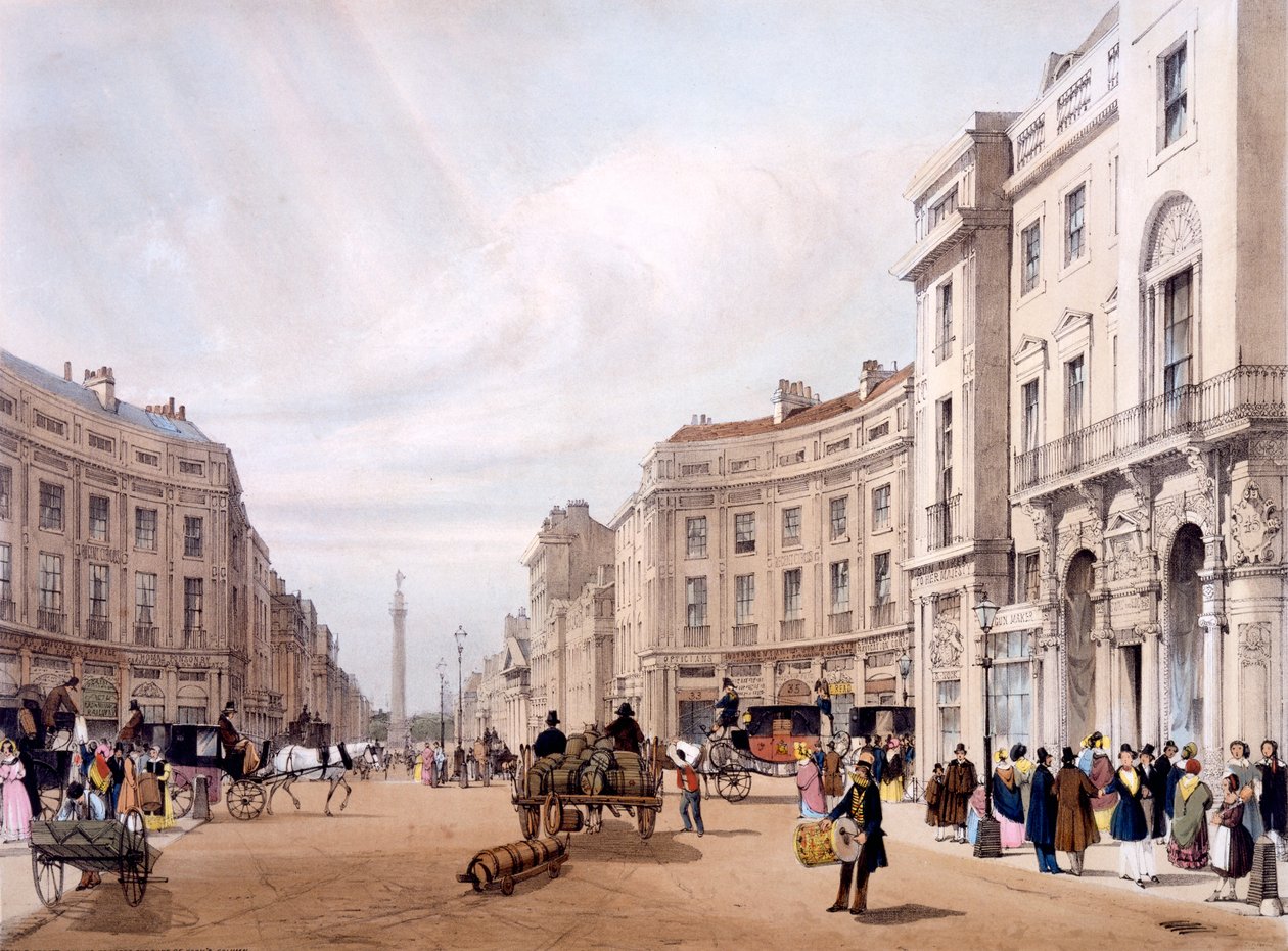 Regent Street, katselee kohti Yorkin herttuan pylvästä Lontoosta sellaisena kuin se on piirretty luonnosta, 1842 tekijältä Thomas Shotter Boys