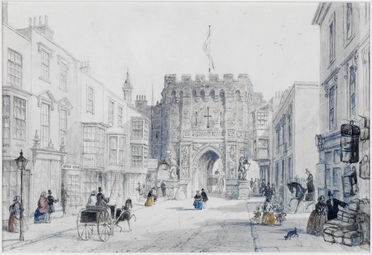 The Bar Gate, Southampton (muste ja akvarelli kortilla) tekijältä Thomas Shotter Boys