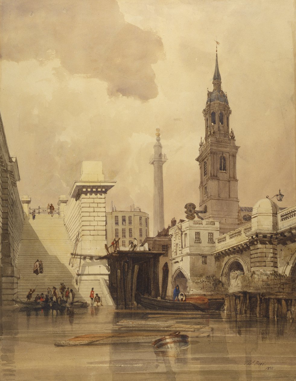 Pyhän Magnuksen marttyyrikirkko London Bridgen vieressä, taustalla monumentti (wc paperilla) tekijältä Thomas Shotter Boys