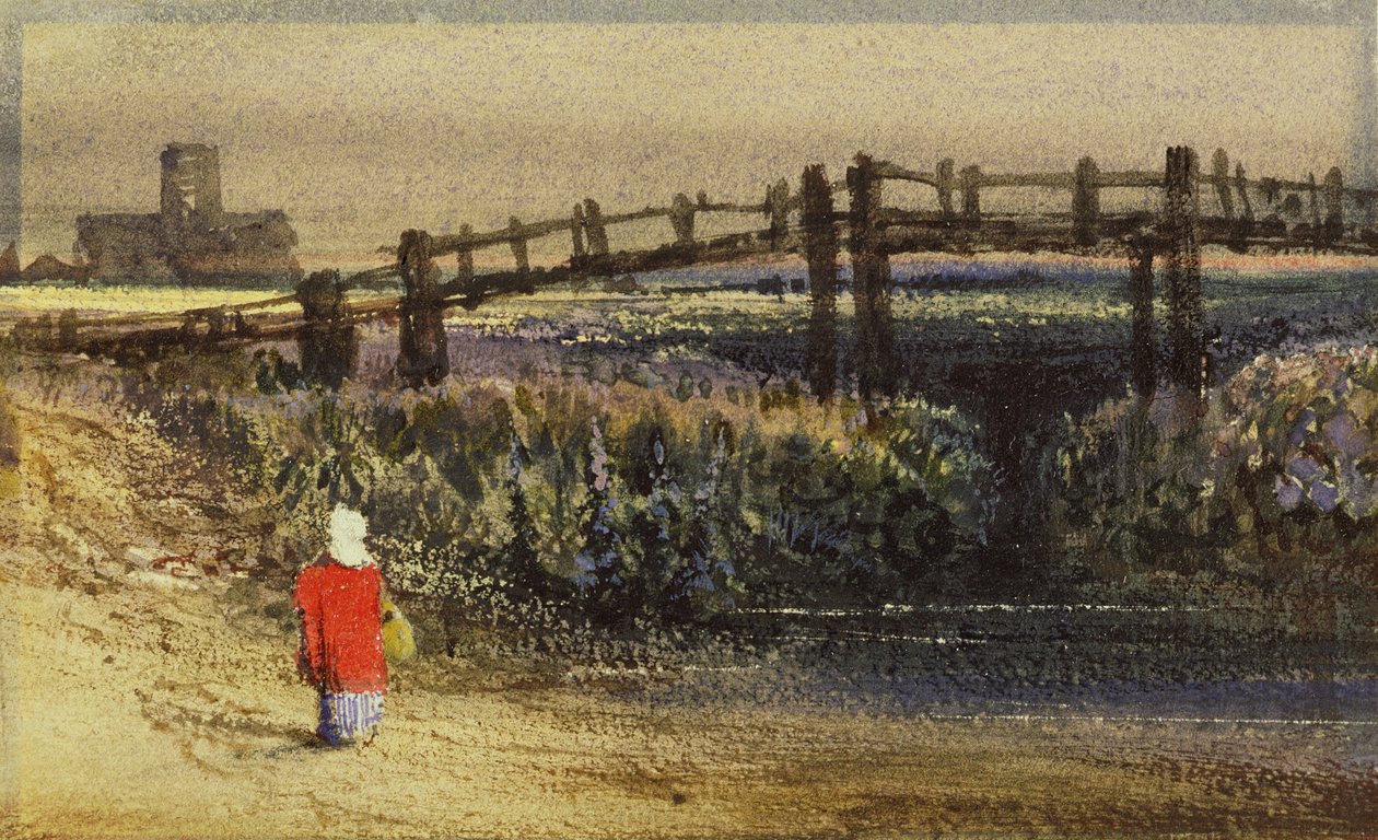 Jalankulkusilta (maisema punaisella viitalla) (wc ja arabikumi paperilla) tekijältä Thomas Shotter Boys