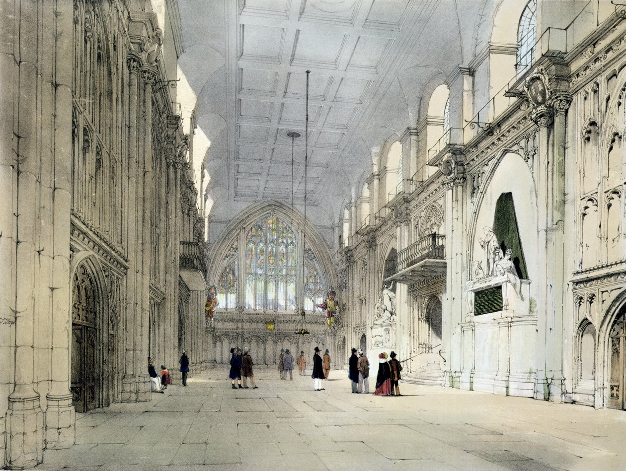 The Guildhall, Interior, "London As It Is", kaiverrettu ja julkaissut taiteilija, 1842 tekijältä Thomas Shotter Boys