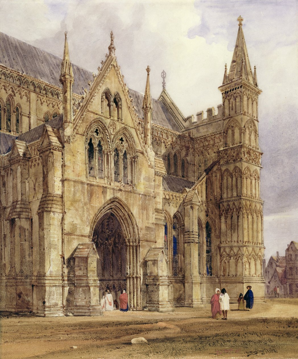Salisburyn katedraalin luoteiskuisti, 1832 (wc kynällä ja ruskealla musteella kynällä paperilla) tekijältä Thomas Shotter Boys
