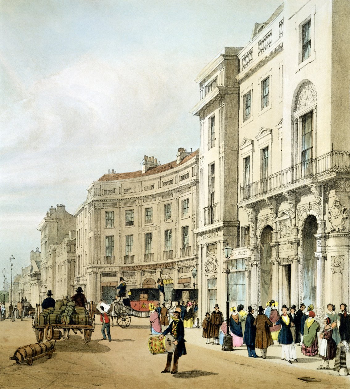 John Nashin laajennetun Regent Circuksen länsisivu (yksityiskohta) teoksesta "London As It Is", kaiverrettu ja taiteilijan julkaisema, 1842. tekijältä Thomas Shotter Boys