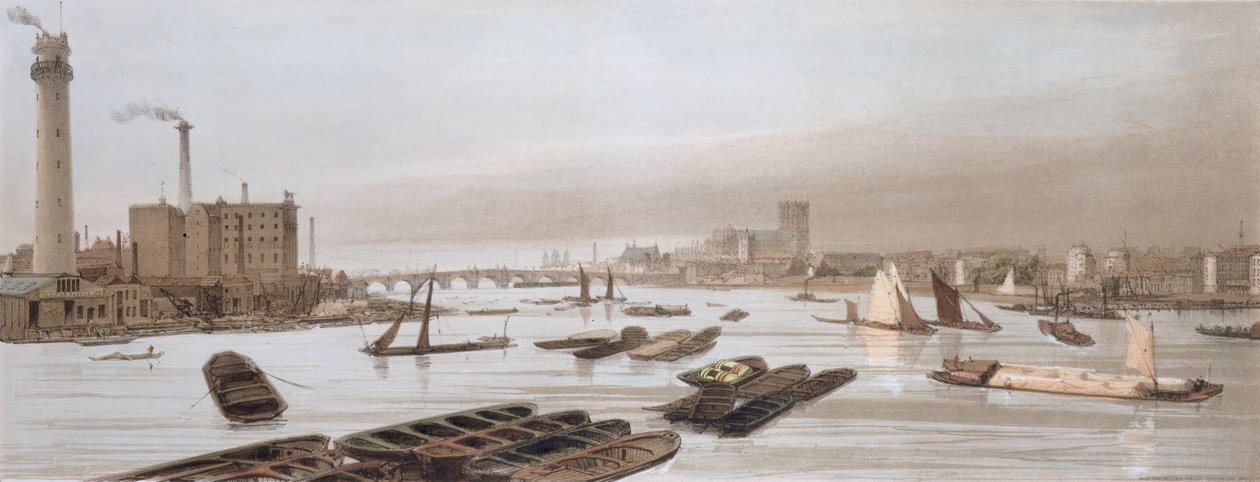 Westminster Waterloo Bridgestä, joka sisältää Shot Towerin, "London As It Is" -teoksesta, kaiverrettu ja julkaissut taiteilija, 1842 (katso 14208) tekijältä Thomas Shotter Boys