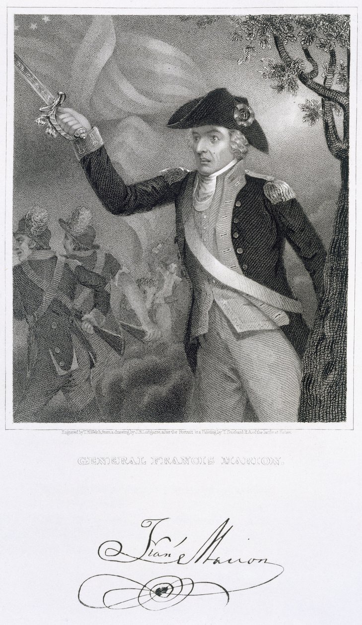Kenraali Francis Marionin muotokuva Eutaw Springsin taistelussa, 1781, kaiverrettu Thomas B. Welch (1814-74) James Barton Longacren (1794-1869) piirustuksesta tekijältä Thomas Stothard